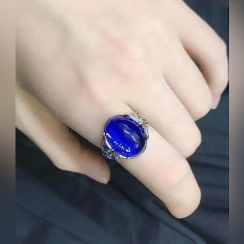 Blue Agate Hollow Carved Silver Tone Ring size 7 Adjustable